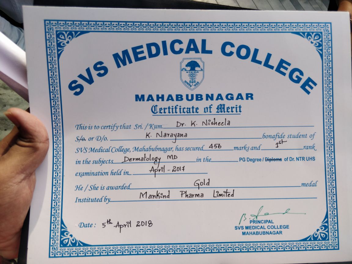 Certificate of Merit from SVS Medical College, Mahabubnagar, certifying Dr. K Nisheela's first rank in Dermatology MD with a gold medal