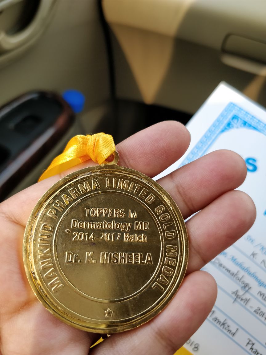 Mankind Pharma Limited Gold Medal awarded to Dr. K Nisheela as topper in Dermatology MD, 2014–2017 batch