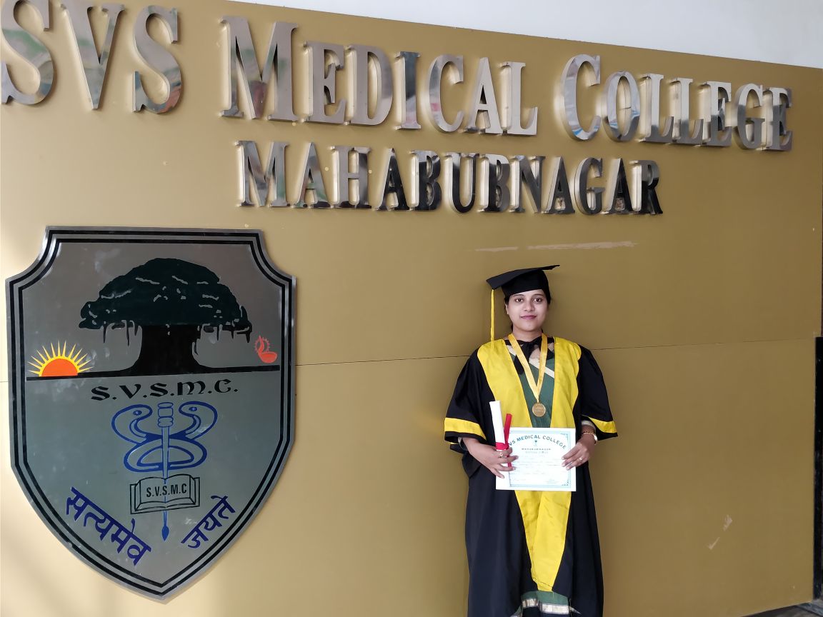 Dr. K Nisheela in graduation robes with her gold medal and certificate at SVS Medical College, Mahabubnagar