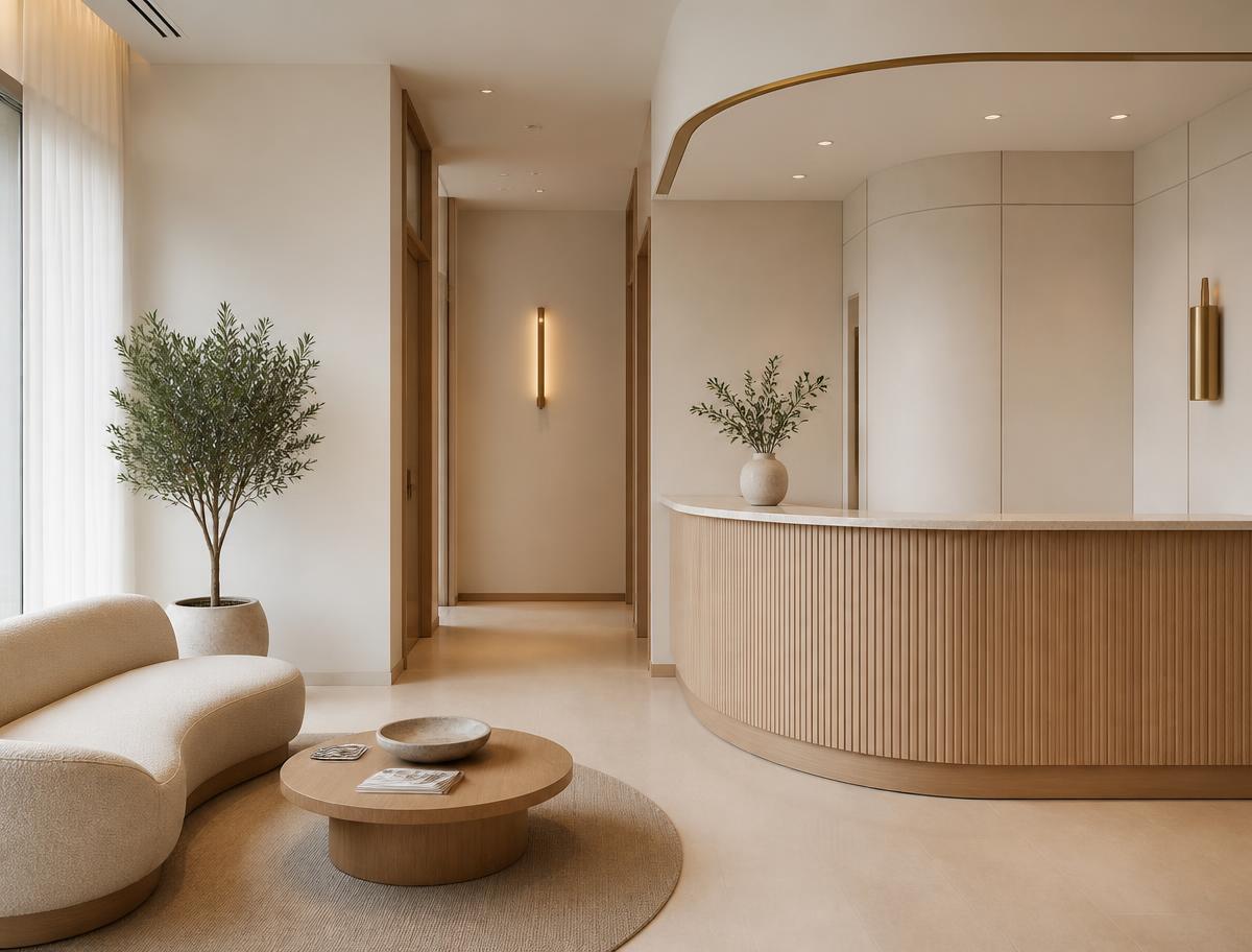 Elegant, minimal clinic interior in ivory and light oak tones