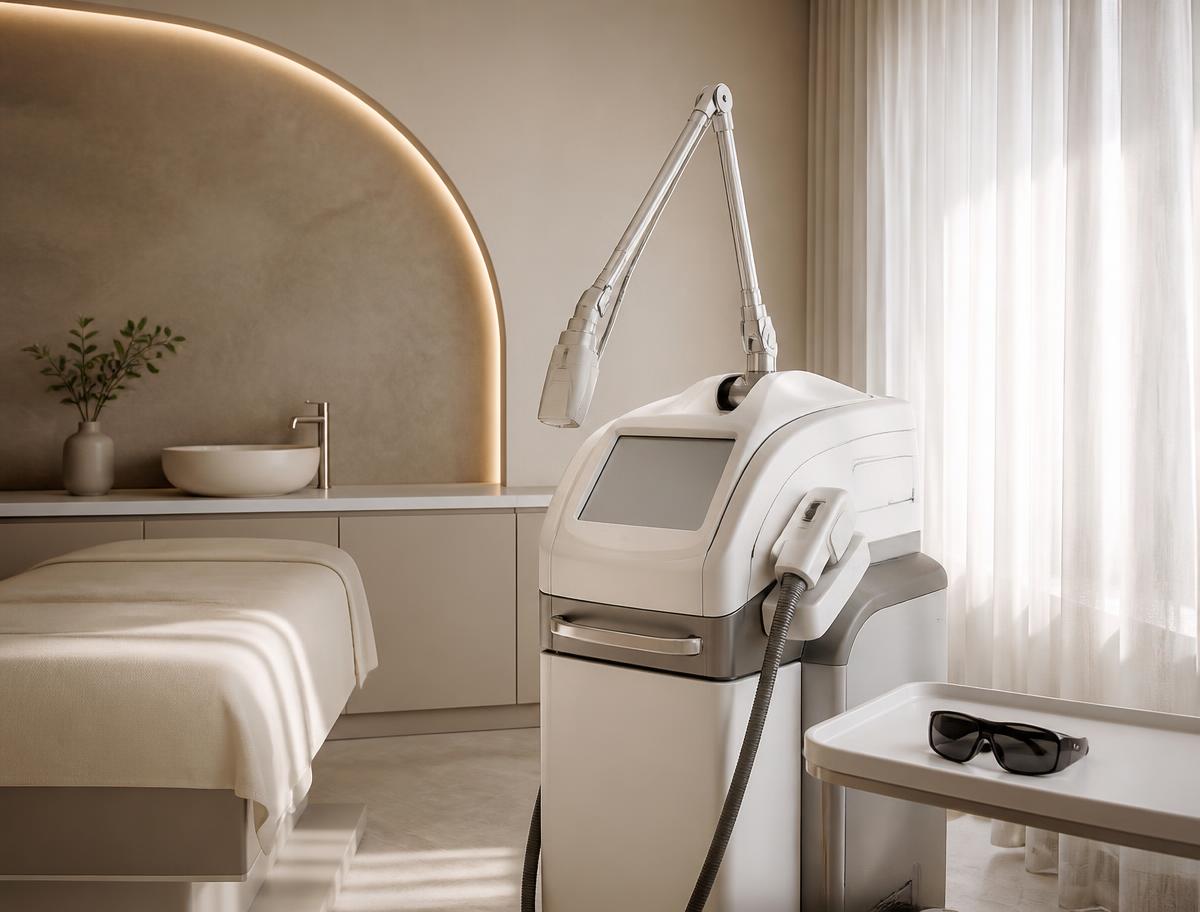Modern dermatology laser device in a calm, warm-toned treatment room