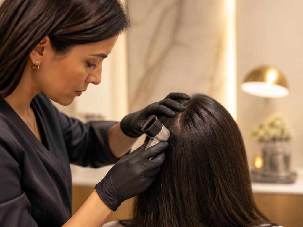 Dermatologist examining a patient's hair and scalp with a dermatoscope